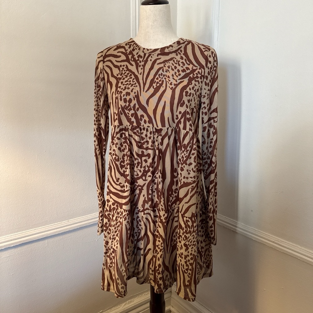 AFRM Brown and Tan Long Sleeve Animal Print Dress